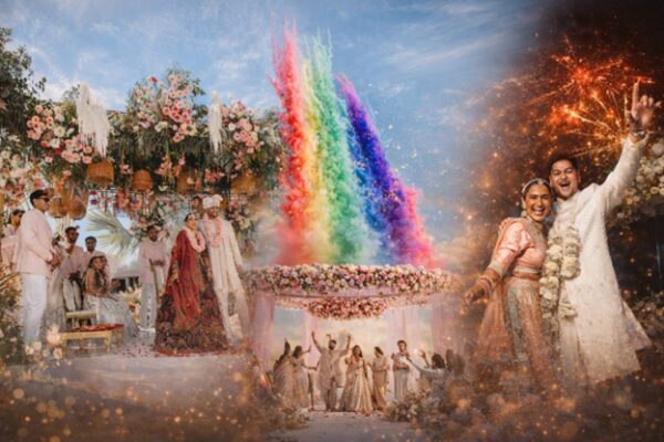 Three Indian destination wedding celebrations featuring a floral mandap, vibrant color burst, and fireworks-filled reception moment