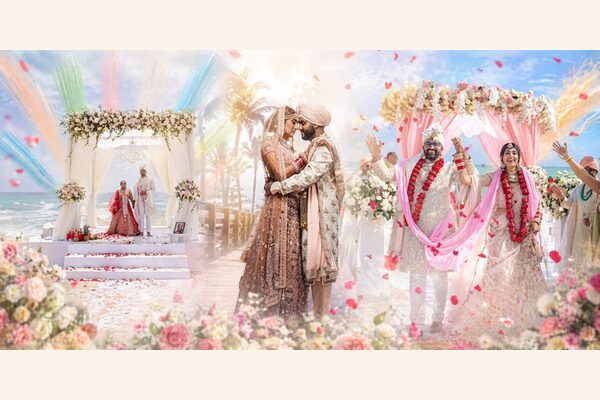Indian destination wedding collage featuring beachfront mandap ceremony, romantic couple portrait, and joyful baraat celebration in Mexico with ocean backdrop