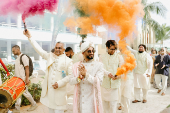 Eshwar’s baraat procession with colorful smoke bombs and live dhol