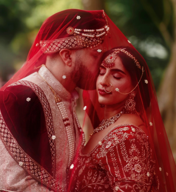 Close-up portrait of Meha and Gilbert
beneath her bridal veil, showcasing Meha's wedding makeup, jewelry, and red
embroidered bridal lehenga. Close-up portrait of Meha and Gilbert
beneath her bridal veil, showcasing Meha's wedding makeup, jewelry, and red
embroidered bridal lehenga.