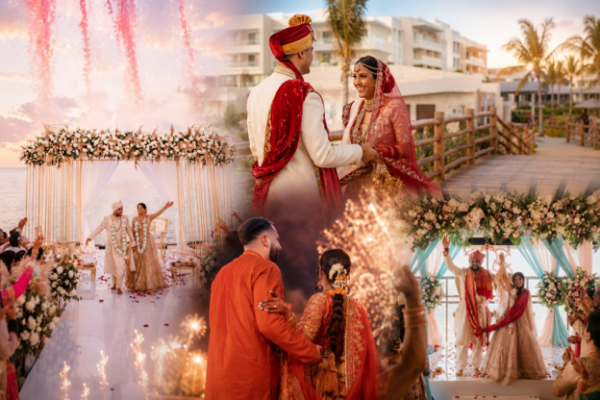 Luxury Indian destination wedding collage in Mexico featuring an oceanfront ceremony, fireworks, floral mandap, and South Asian wedding couple celebrating at a tropical all-inclusive resort