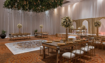Elegant ballroom at Moon Palace Cancun prepared for a large Indian destination wedding reception with custom décor, staging, and dance floor. Elegant ballroom at Moon Palace Cancun prepared for a large Indian destination wedding reception with custom décor, staging, and dance floor.