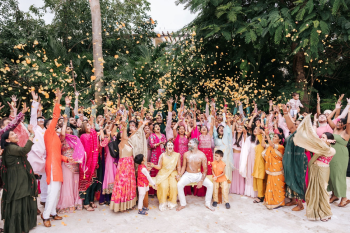 Priya and Mit celebrate their Haldi ceremony with family and friends at Moon Palace The Grand Cancun during their Indian destination wedding. Priya and Mit celebrate their Haldi ceremony with family and friends at Moon Palace The Grand Cancun during their Indian destination wedding.