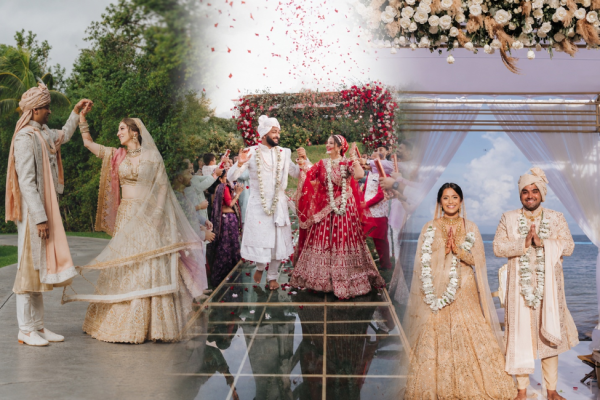 Three Indian destination wedding couples at Moon Palace The Grand in Cancun, Mexico, showing garden, mandap, and beachfront ceremony moments