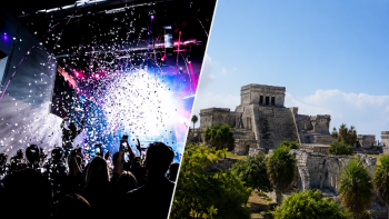 Split image showing lively Cancun nightlife on the left and the ancient Mayan ruins at Tulum on the right, two contrasting guest experiences in Mexico Split image showing lively Cancun nightlife on the left and the ancient Mayan ruins at Tulum on the right, two contrasting guest experiences in Mexico